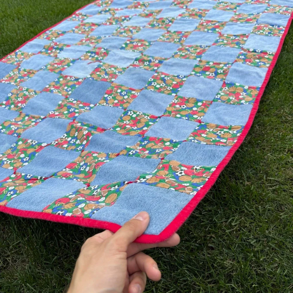 Handmade Denim Sports Patchwork Quilt Throw Blanket Blue Red Basketball Football